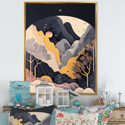 «Graphic Mountain Trees» en jaune gris et rose - reproduction sur toile