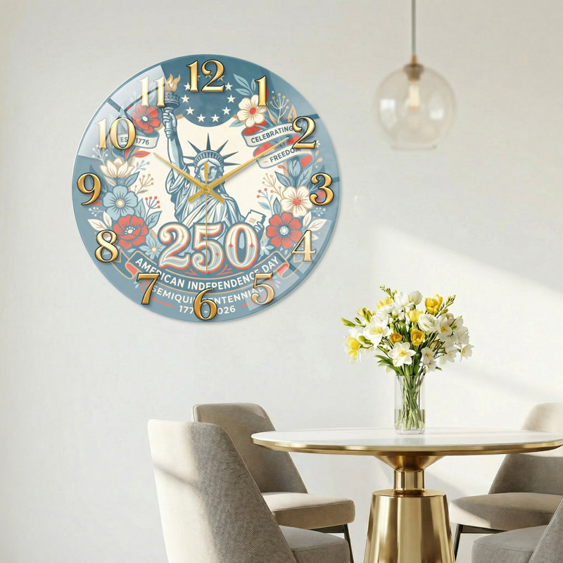 Horloge murale décorative moderne en verre American Independence USA 250th Anniversary, 60 x 60 cm (23,6 x 23,6 pouces)
