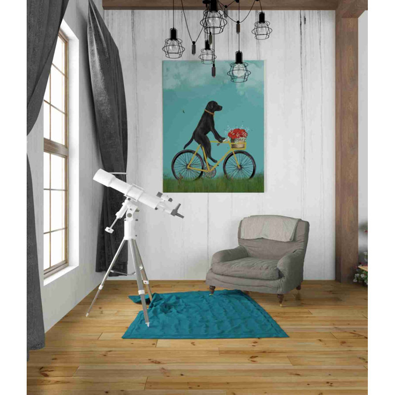 Labrador noir sur un vélo - ciel - reproduction d'art sur toile tendue