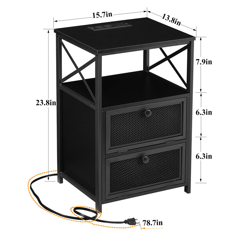 Shept 2 - Drawer End Table Set and Built-In Outlets, Black