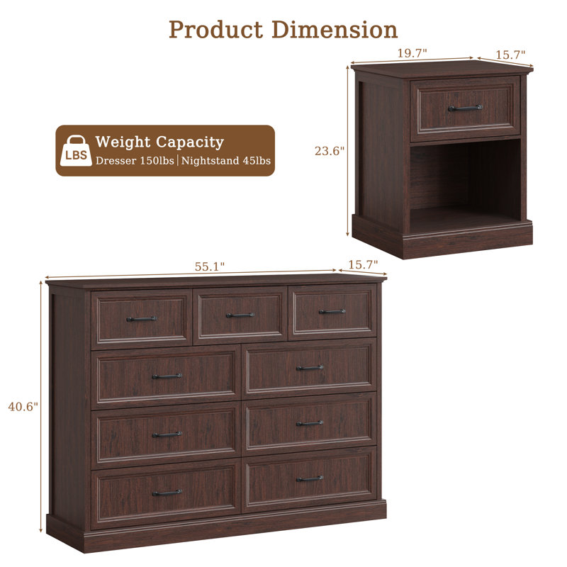 Ensemble de chambre à coucher 3 pièces - Commode 9 tiroirs et 2 tables de chevet avec tiroir, Brun