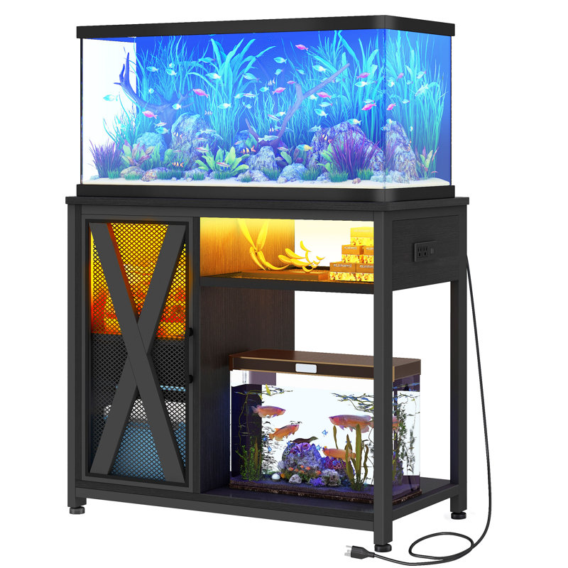 Deshayla Rectangle Aquarium Stand with Power Outlets & LED Light, 50 Gallon, Black