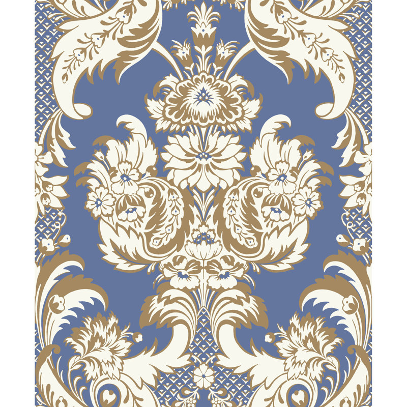 Albemarle Damask Wallpaper Roll, Blue/Gold