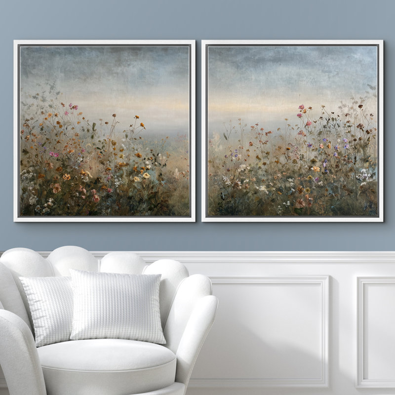 Soft Horizon Wildflower Field Landscape Floral Wall Decor Framed Master Bedroom Wall Art Work 2 Pieces Print, 24" H x 24" W