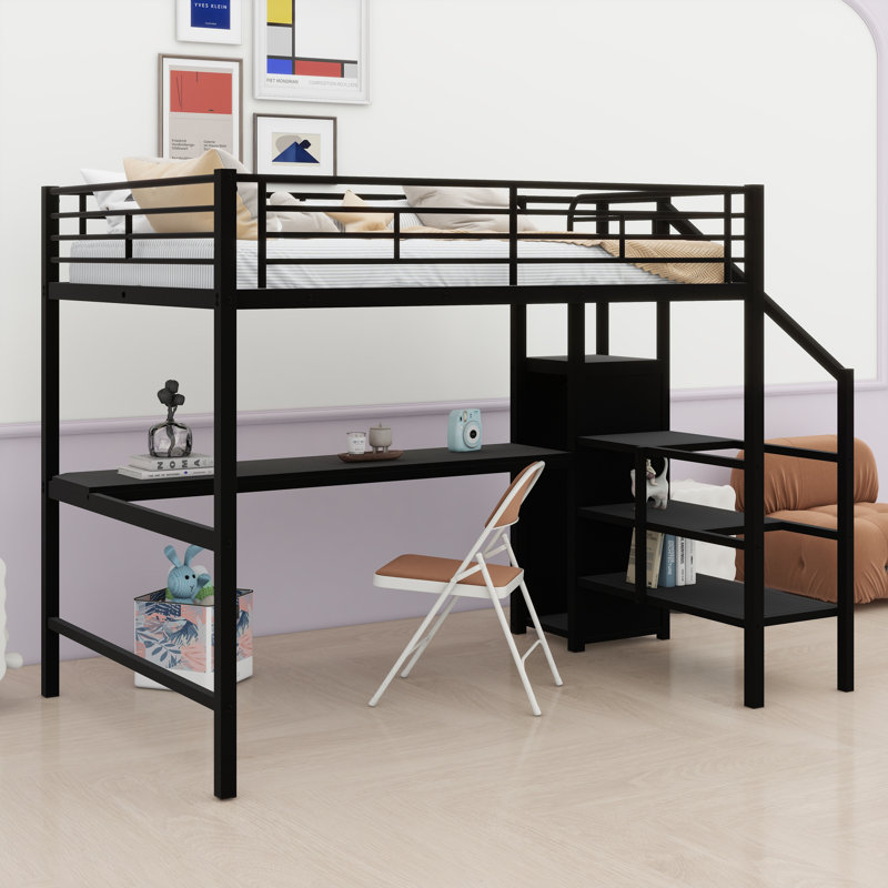Lit mezzanine en métal avec bureau, Noir