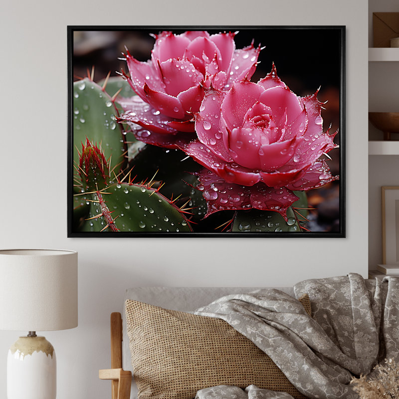 Fleurs de cactus rose - art mural floral cactus, H 16 po x l 32 po x P 1 po, Cadre flottant noir