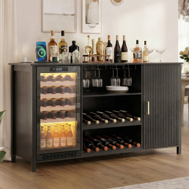 70" Wine Bar Cabinet with Fluted Texture, Modern Coffee Cabinet with Wine Rack&Glass Holder, White Kitchen Buffet Sideboard, Freestanding Liquor Cabinet for Dining Room Living Room