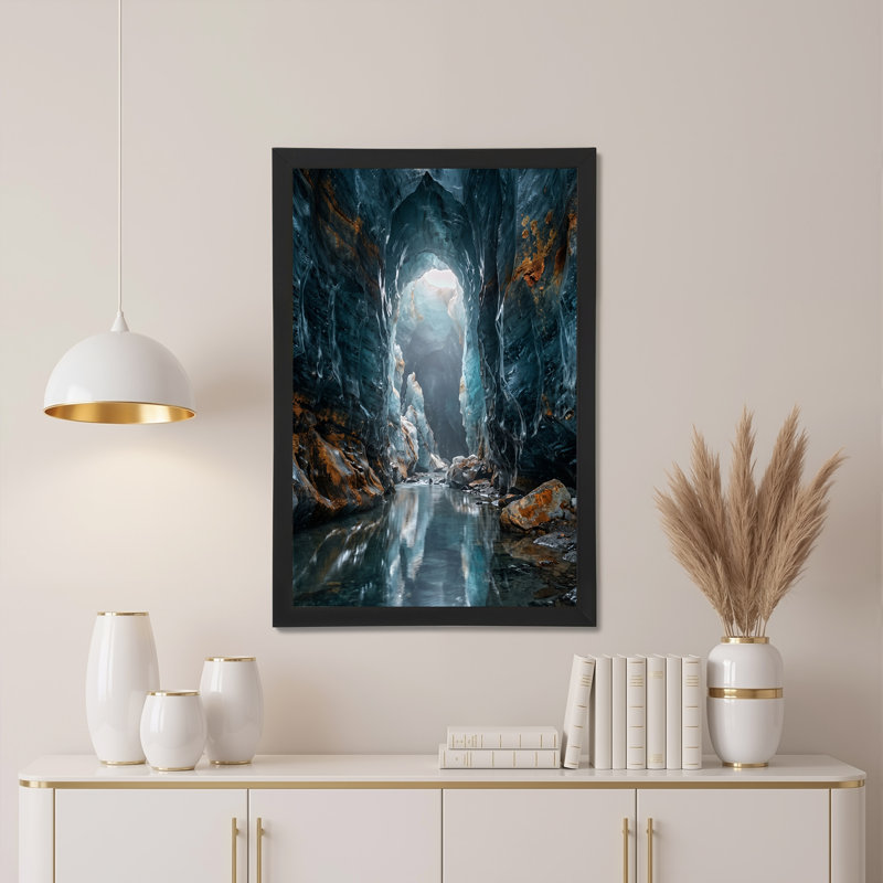 Art mural sur toile, "Blue Ice Cave" avec taches orange et reflet de l'eau, H 30 po x l 20 po