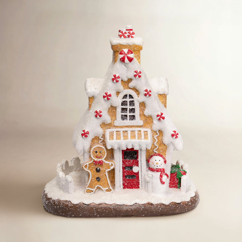 Snowy Gingerbread Peppermint House With Snowman Christmas Decoration - 11"