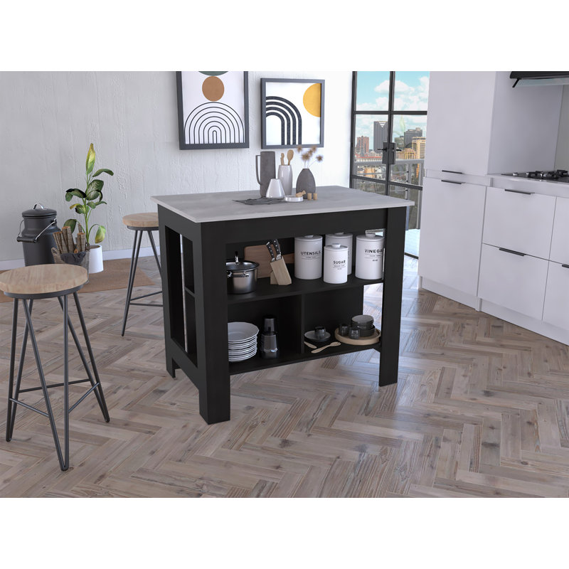 Cala Kitchen Island, Four Legs, Three Shelves, Black, Light Gray