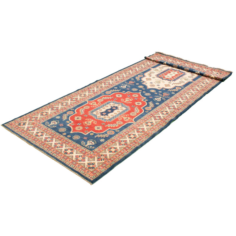 Tapis de couloir en laine noué à la main de conception unique 5 pi 4 po x 19 pi 1 po Dequann New Age Tapis décoratif orange/bleu marine/Ivoire
