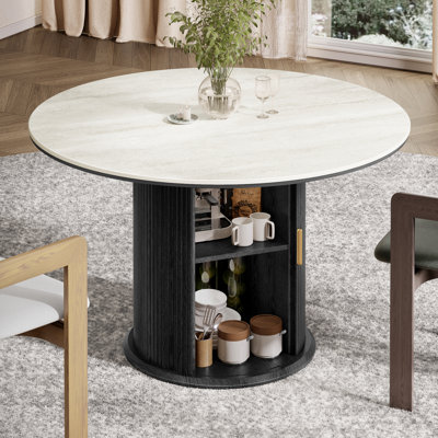 43.31'' Modern Sintered Stone Dining Table With Fluted Pedestal Base, Black
