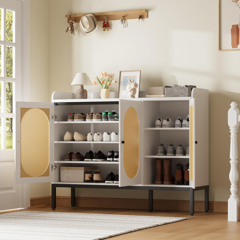 Armoire à chaussures avec 3 portes en rotin, armoire de rangement à chaussures à 7 niveaux avec tablettes réglables, Blanc
