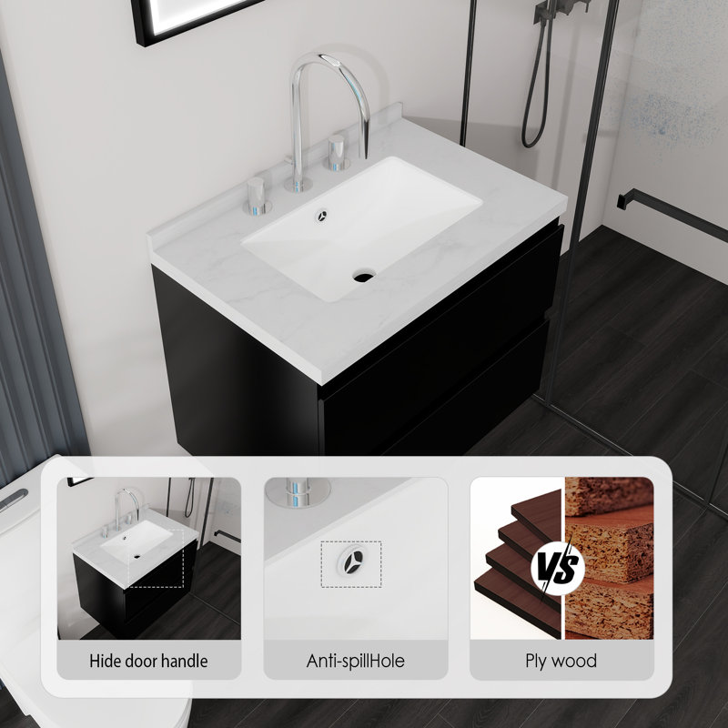 Meuble-lavabo flottant avec lavabo, avec tiroir à fermeture en douceur, comptoir en marbre de Carrare, contreplaqué, noir