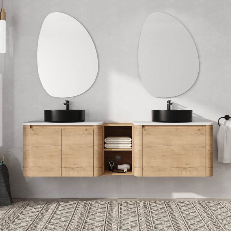   Meuble-lavabo mural double avec lavabo en céramique, 72", Noir