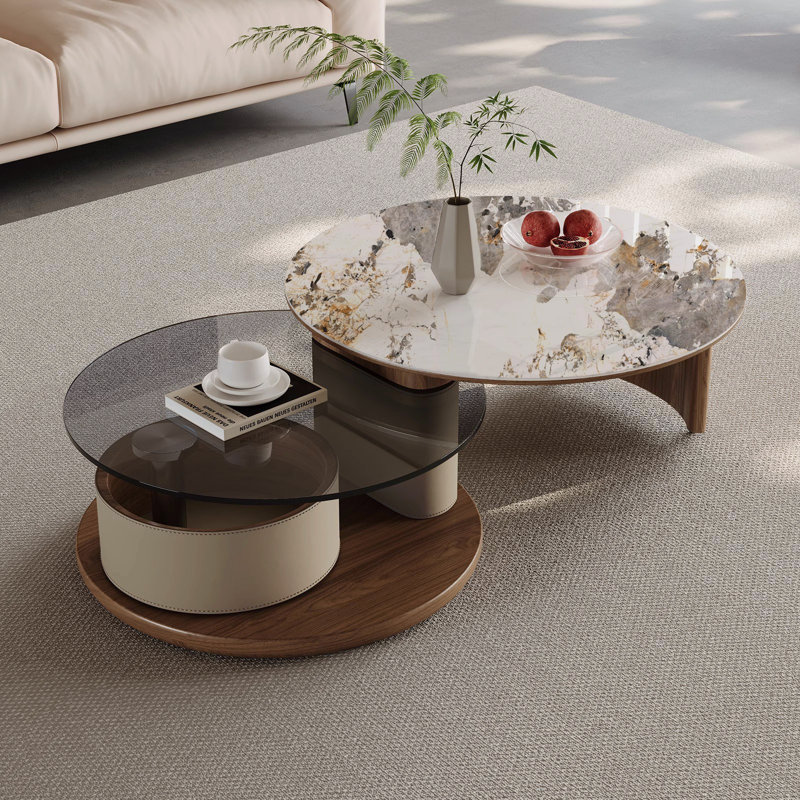 2-Piece Rotating Nesting Coffee Table Set with Sintered Stone Top and Glass Table with Hidden Drawer