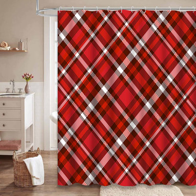 Diagonal Red Plaid Gingham White Shower Curtain with 12 Hooks