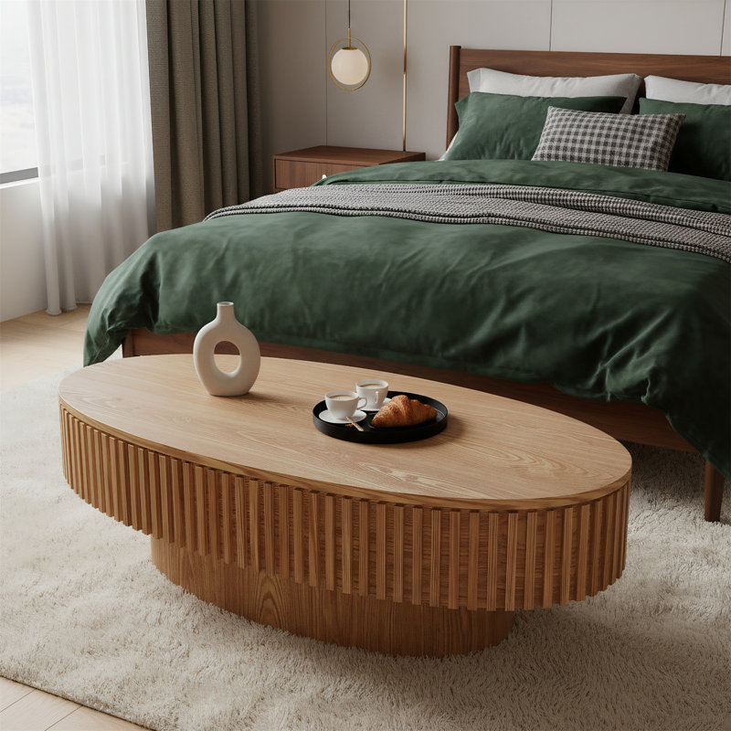 Table basse ovale en bois massif avec rangement 47 po, Naturel
