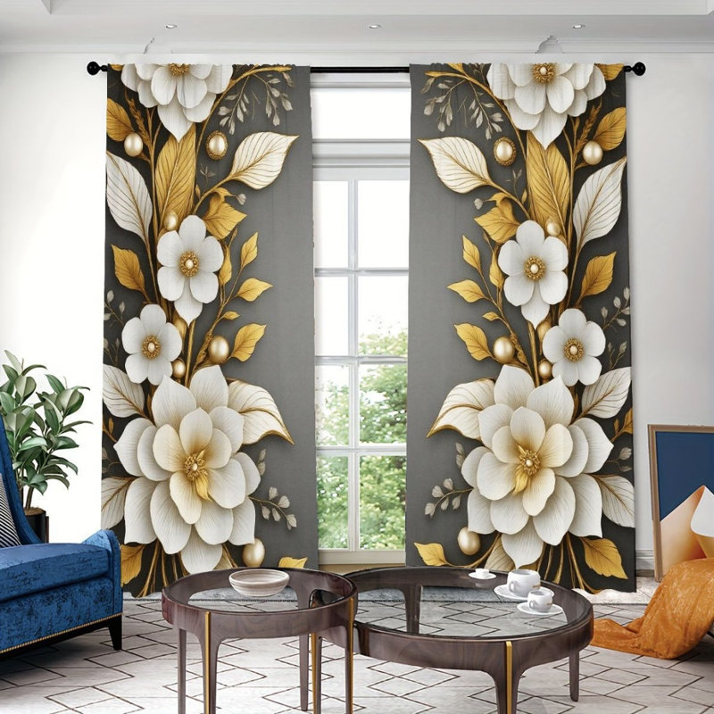 2Pcs Decorative Flower Curtains, Gold and White Floral Design, Rod Pocket Light Filtering, Elegant Modern Style, All-Season For Living Room Bedroom Home Decor