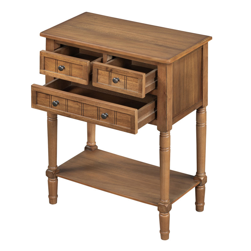 Narrow Console Table, Slim Sofa Table With Three Storage Drawers And Bottom Shelf, Natural