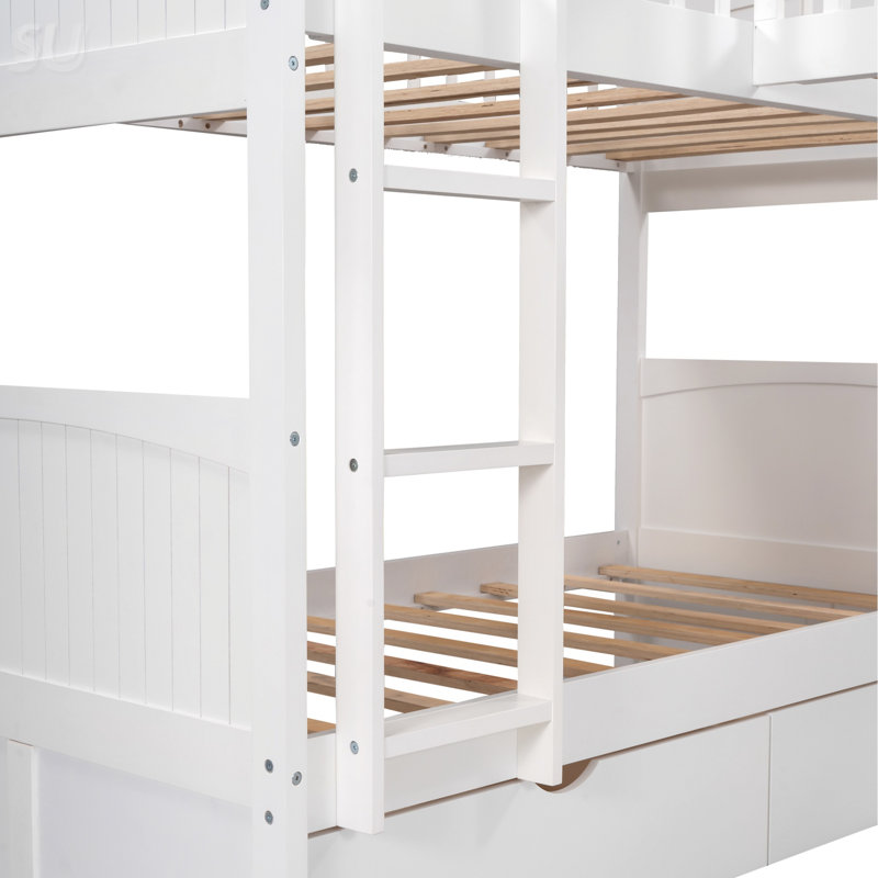 Lit simple superposé avec lit mezzanine attaché et deux tiroirs, Blanc