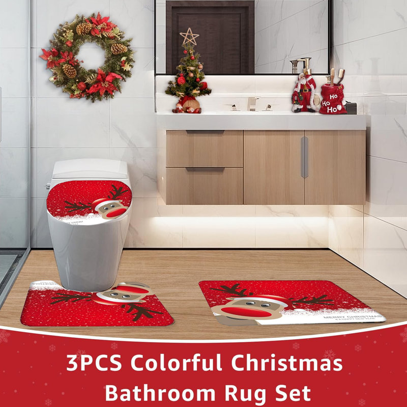 Ensemble de rideau de douche de Noël à séchage rapide quatre pièces, rouge et renne