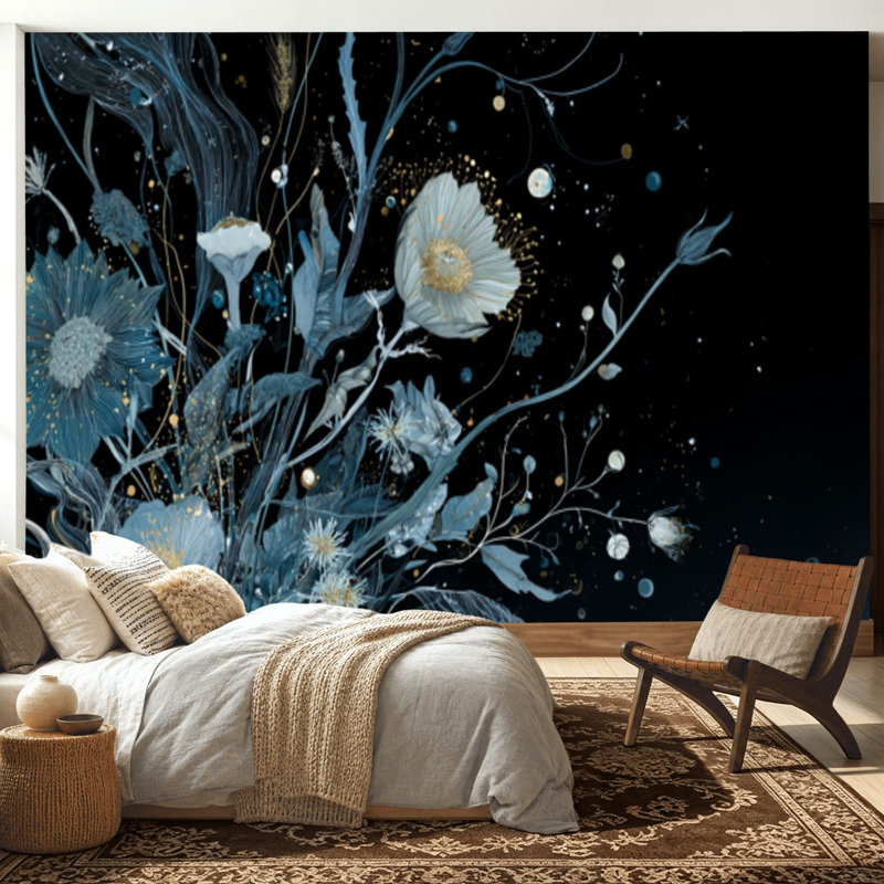 Papier peint adhésif auto-adhésif moderne pour la chambre à coucher, avec fleurs cosmiques, ciel étoilé, impression de luxe L 100 po x l 144 po