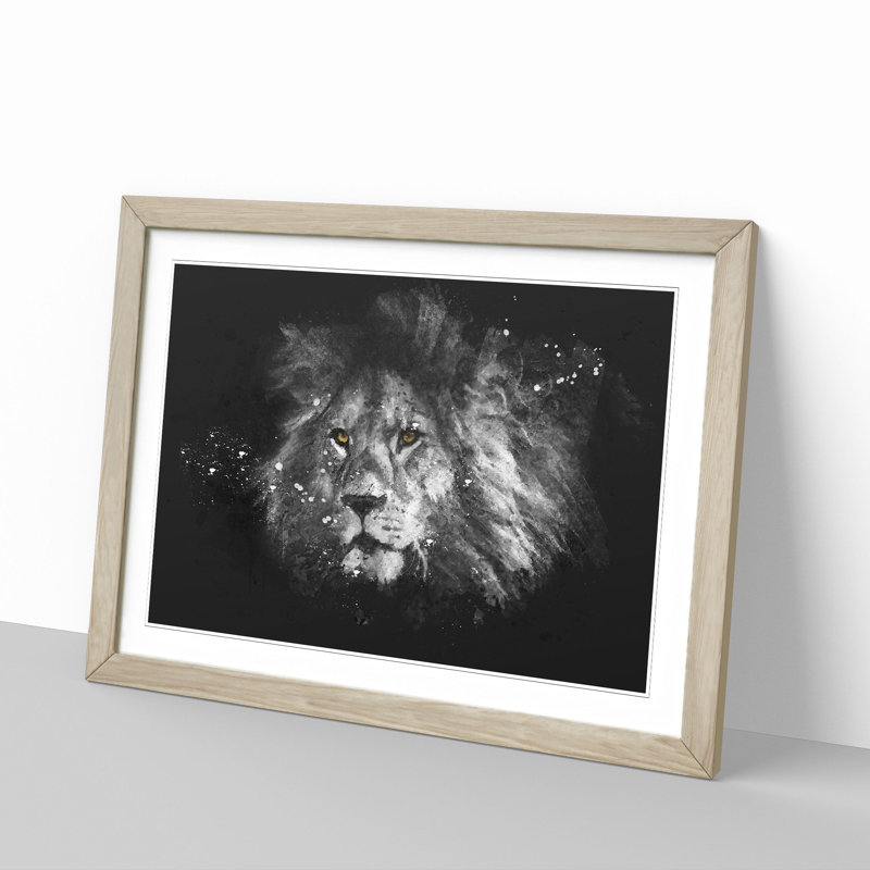 Lion With Piercing Eyes Paint Splash - Picture Frame Graphic Art, 24cm H x 33cm W x 2cm D, Oak Framed