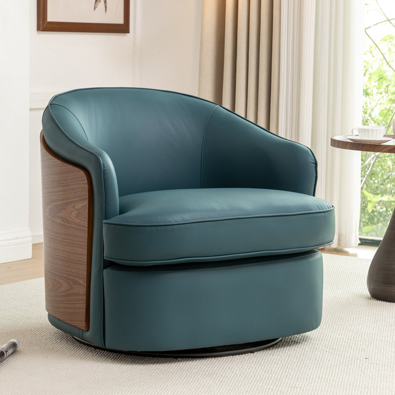 Wooden Vegan Leather Upholstered  Armchair  Swivel Barrel Chair, Blue