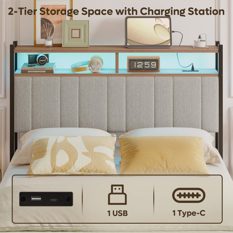 Tête de lit avec rangement et tête de lit en métal avec station de charge DEL et port USB, gris, Double