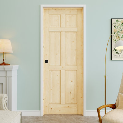 Porte pré-suspendue intérieure en bois de pin à 6 panneaux 28 po x 80 po avec poignée ronde et charnières noires