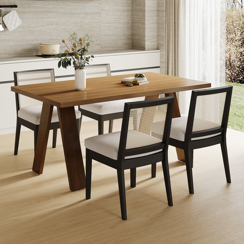 Dining Set Mid-Century Modern Wooden Table & Upholstered Chair Set For Home, Kitchen, Dining Room, 5 Pieces: Table, 4 Chairs