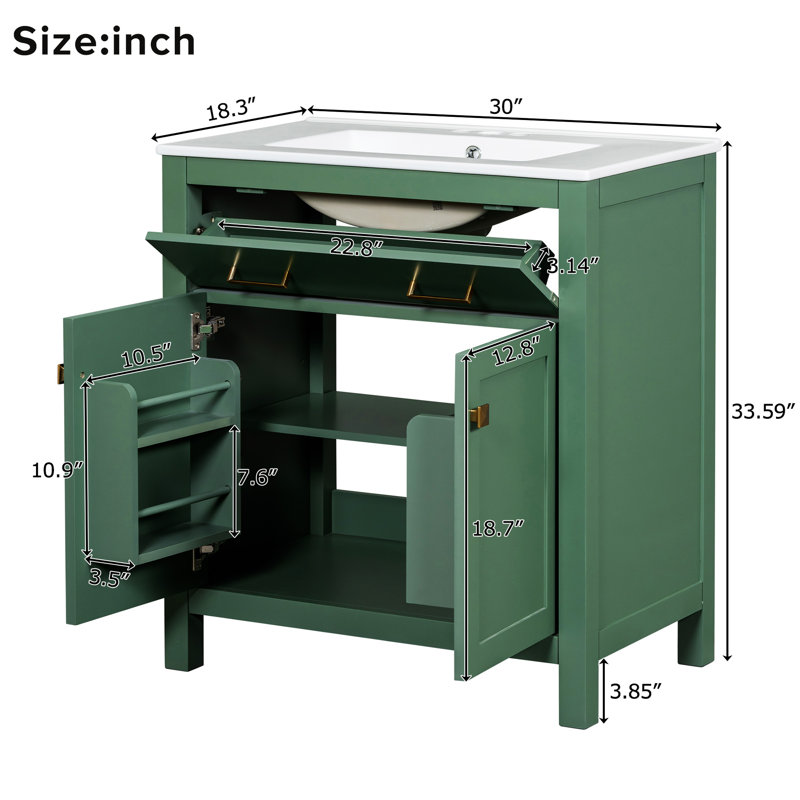 30-Inch Green MDF Freestanding Single Sink Vanity with White Ceramic Top