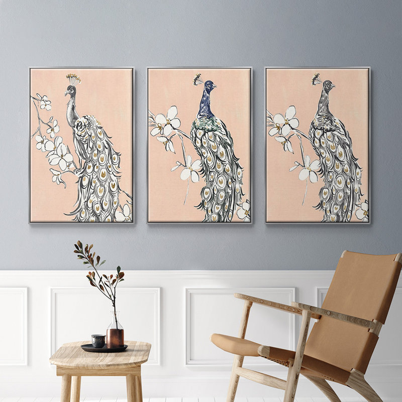 Paon en or I - ensemble de 3 reproductions sur toile, Argent, H 40 po x l 78 po