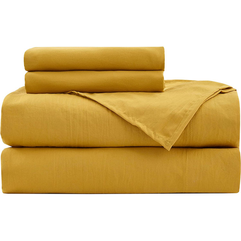 Washed Microfiber Bedding Microfiber Sheet Set, Queen Sheet Set + Fitted Sheet + 2 Pillowcases, Mustard Yellow