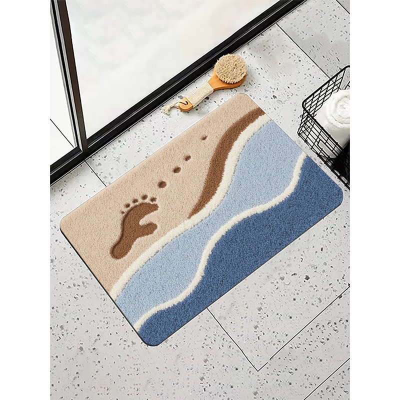 Tapis de bain empreintes de pas sur la plage, 16 x 24 po, Empreintes de pas beige / bleu / blanc sur la plag