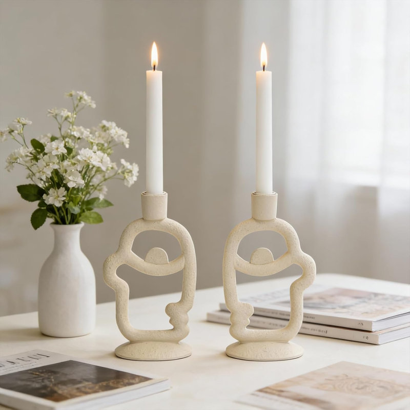 Abstract Face Taper Candle Holder – Beige Resin Candlestick