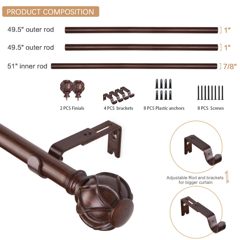 Tringle à rideaux simple réglable 1 po Saniyah, Grain de bois rouge, 72" - 144"