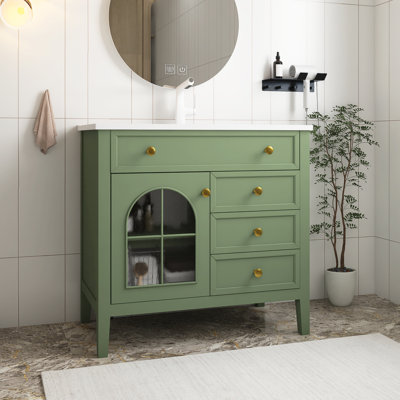 Lavabo de salle de bain Mid-Century avec verre à motif et bande lumineuse à capteur de mouvement, lavabo de salle de bain autoportant Farmhouse avec rangement, vert