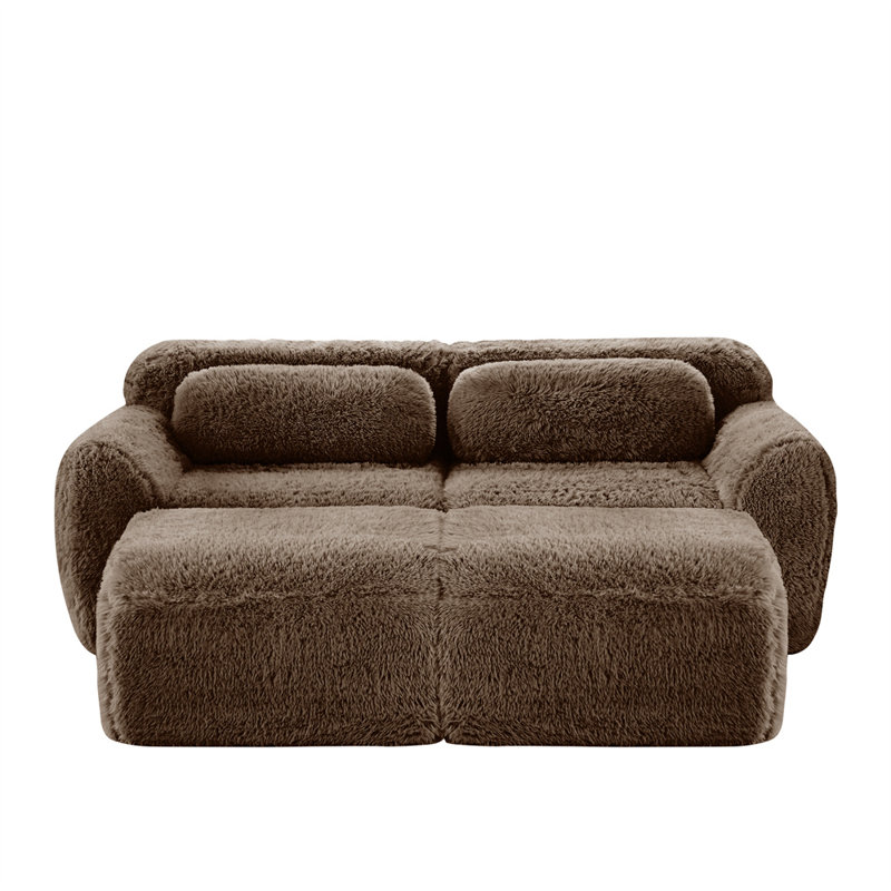80.3" U-Shaped 2-Seater Sofa with Ottoman, Chocolate Fabric