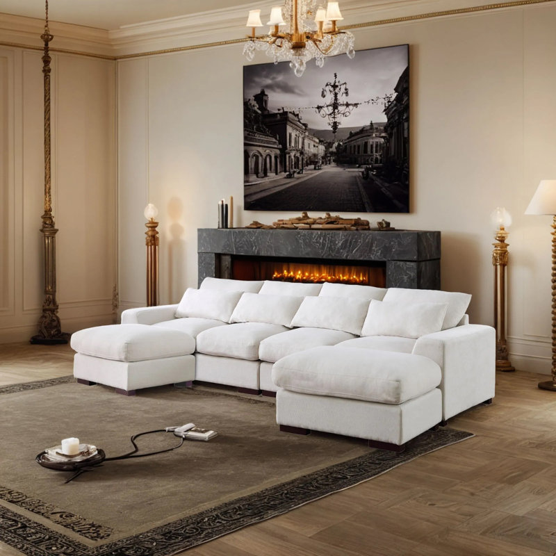 Tatman Linen Blend Sectional With 2 Ottomans,U-Shape Sectional Sofa Couch, Beige Linen