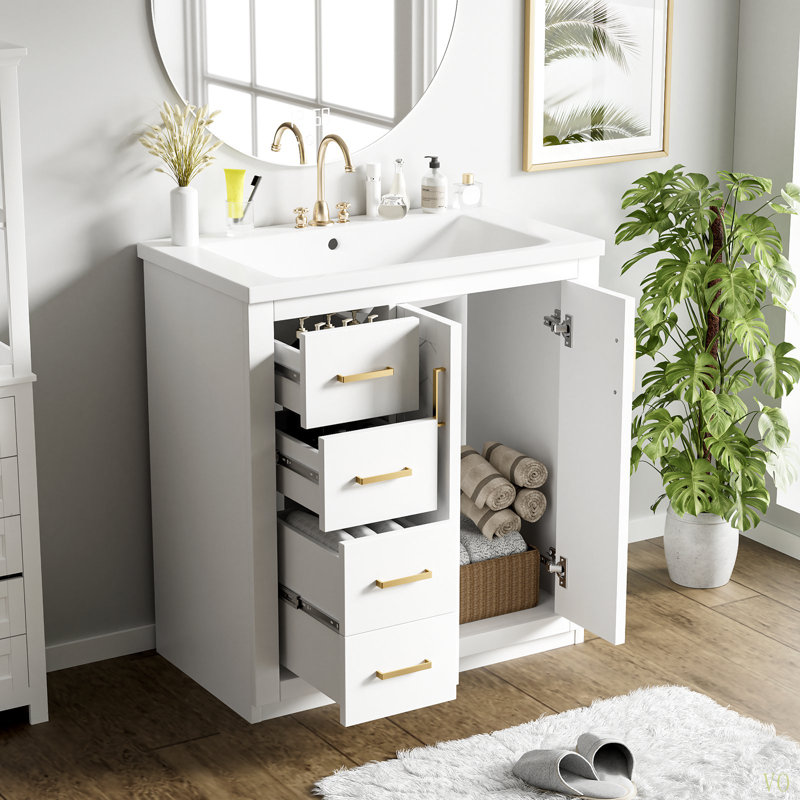 30'' Bathroom Vanity With Ceramic Sink Combo,Solid Wood Frame Bathroom Storage Cabinet, Freestanding Vanity Set With 3 Drawers  Soft Closing Doors