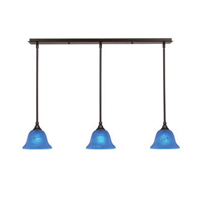 Luminaire suspendu linéaire sur pied 3 lumières avec verre bleu italien de 7 po