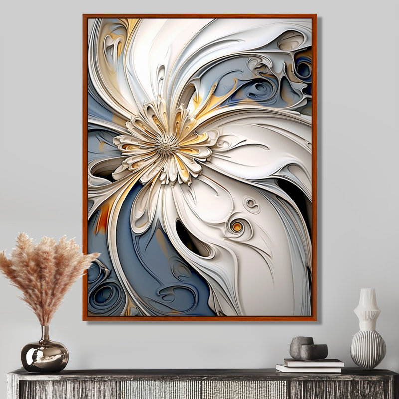 Abstrait fleur flottante blanche - art mural floral moderne, Cadre flottant brun, H 32 po x l 24 po
