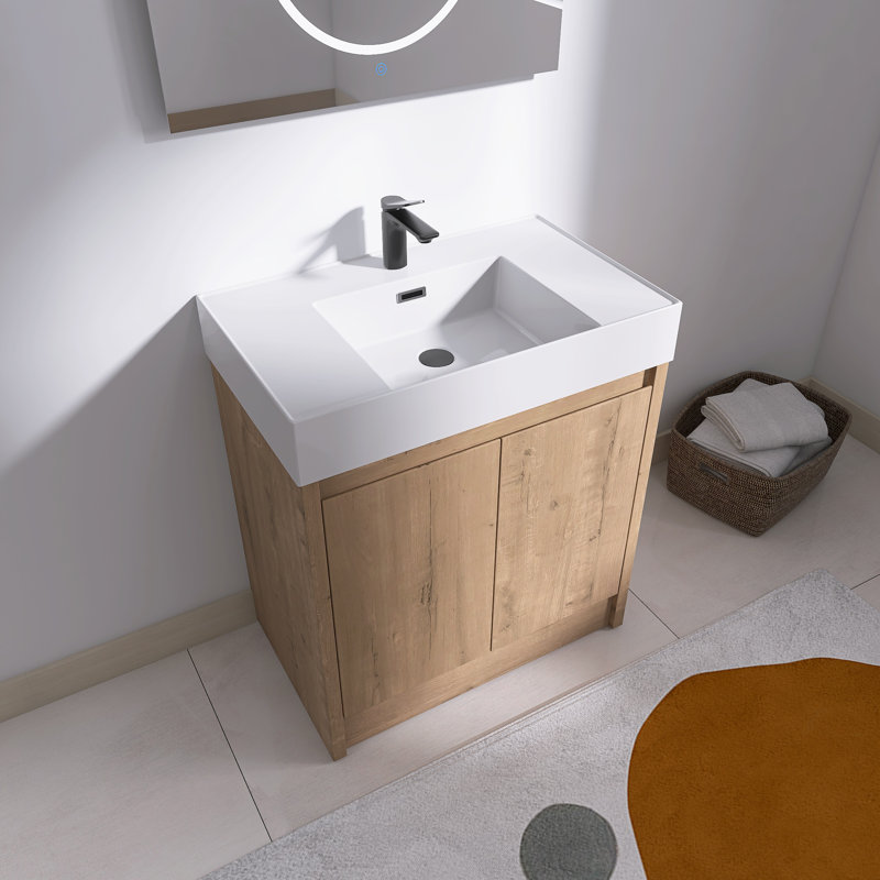 Ensemble de meuble-lavabo sur pied 30 po avec lavabo en résine Quarnar, 2 portes à fermeture douce, tablette réglable, Centre