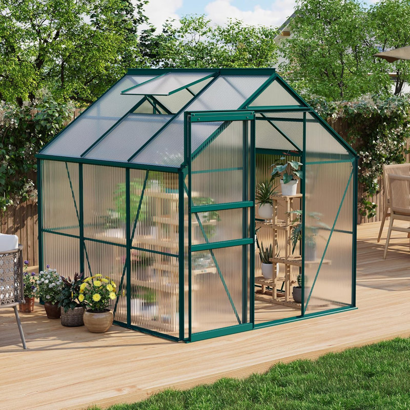 6x6 FT Walk-in Polycarbonate Greenhouse, Aluminum Frame, Sliding Door, Roof Vent, Outdoor Garden Shed, Green