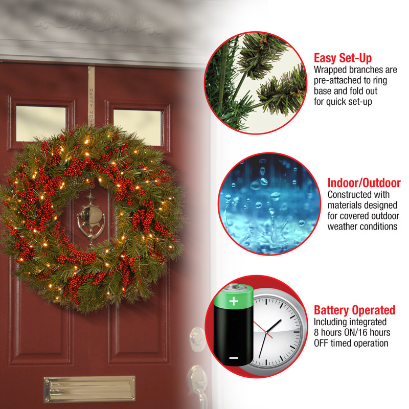 The Holiday Aisle® 24in. Valley Pine Wreath with Battery Operated Warm White LED Lights
