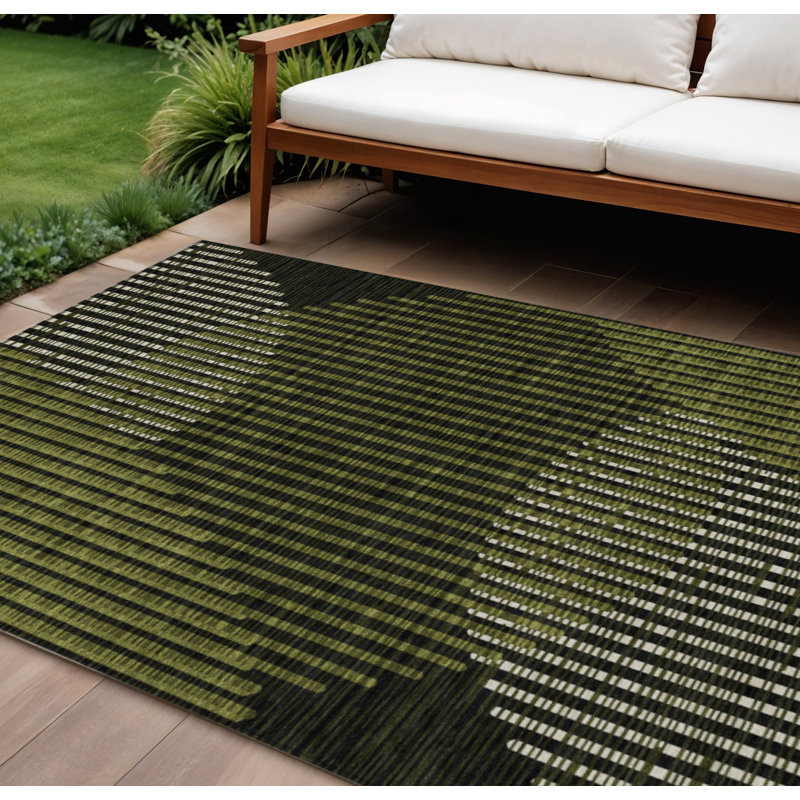 Tapis intérieur / extérieur géométrique lavable 8 pi x 10 pi vert olive et noir