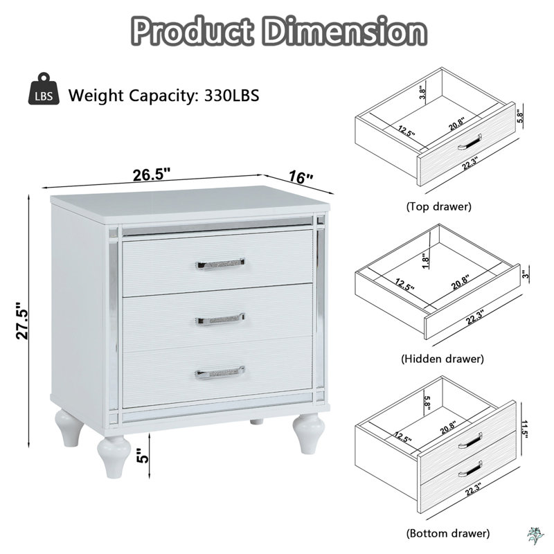 Nightstands With Mirror Frame Accents, Bedside Table With Two Drawers And One Hidden Drawer, End Table With Crystal Pull
