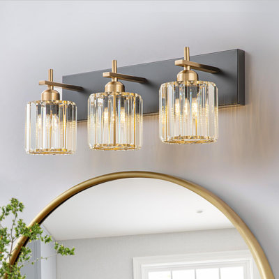 Modern Crystal Bathroom Vanity Lights, Black 3-Lights Bathroom Light Fixtures Over Mirror, Crystal Wall Lighting(Exclude Bulb)